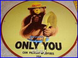 Vintage 1954 Smokey The Bear Forest Fire Prevention Porcelain Metal Gas Oil Sign