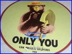 Vintage 1954 Smokey The Bear Forest Fire Prevention Porcelain Metal Gas Oil Sign