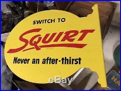 Vintage 1955 Authentic Switch to Squirt Soda Double Sided Metal Flange Sign Soda