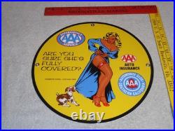Vintage 1958 Aaa Automobile Club Woman +dog 11 3/4 Porcelain Metal Gas Oil Sign