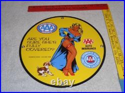 Vintage 1958 Aaa Automobile Club Woman +dog 11 3/4 Porcelain Metal Gas Oil Sign