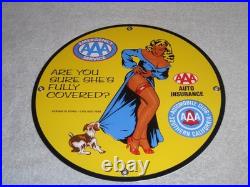 Vintage 1958 Aaa Automobile Club Woman +dog 11 3/4 Porcelain Metal Gas Oil Sign