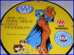 Vintage 1958 Aaa Automobile Club Woman +dog 11 3/4 Porcelain Metal Gas Oil Sign