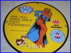 Vintage 1958 Aaa Automobile Club Woman +dog 11 3/4 Porcelain Metal Gas Oil Sign