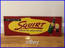 Vintage 1958 Squirt Soda Pop Gas Station 28 Embossed Metal Sign with Boy