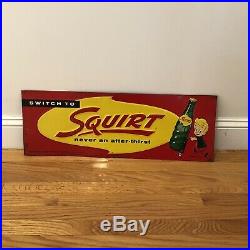 Vintage 1958 Squirt Soda Pop Gas Station 28 Embossed Metal Sign with Boy