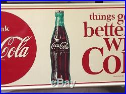 Vintage 1960's Original Coca Cola Button Metal Sign 32X12 Not Porcelain