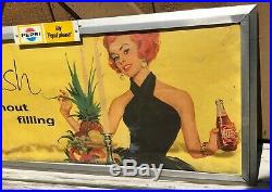 Vintage 1960's Pepsi Cola Refresh Cardboard Advertising Sign with Metal Frame