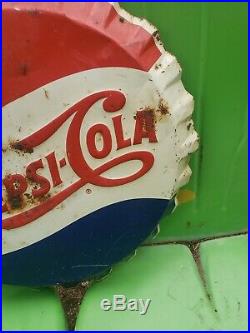 Vintage 1960s Pepsi Cola Soda Pop Bottle Cap Gas Station 19 Embossed Metal Sign