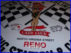 Vintage 1961 Lady Luck Woman Gasoline Station Casino 11 3/4 Porcelain Metal Sign