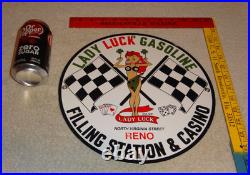 Vintage 1961 Lady Luck Woman Gasoline Station Casino 11 3/4 Porcelain Metal Sign