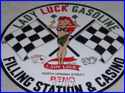 Vintage 1961 Lady Luck Woman Gasoline Station Casino 11 3/4 Porcelain Metal Sign