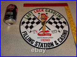 Vintage 1961 Lady Luck Woman Gasoline Station Casino 11 3/4 Porcelain Metal Sign