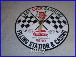 Vintage 1961 Lady Luck Woman Gasoline Station Casino 11 3/4 Porcelain Metal Sign