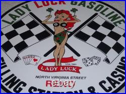 Vintage 1961 Lady Luck Woman Gasoline Station Casino 11 3/4 Porcelain Metal Sign