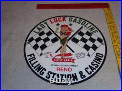 Vintage 1961 Lady Luck Woman Gasoline Station Casino 11 3/4 Porcelain Metal Sign
