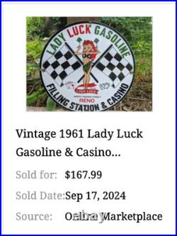 Vintage 1961 Lady Luck Woman Gasoline Station Casino 11 3/4 Porcelain Metal Sign