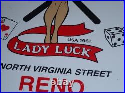 Vintage 1961 Lady Luck Woman Gasoline Station Casino 11 3/4 Porcelain Metal Sign