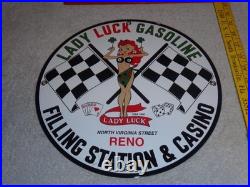 Vintage 1961 Lady Luck Woman Gasoline Station Casino 11 3/4 Porcelain Metal Sign Vintage 1961 Lady Luck Woman Gasoline Station Casino 11 3/4 Porcelain Metal Sign