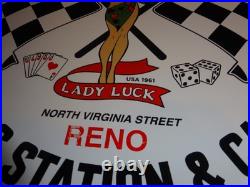 Vintage 1961 Lady Luck Woman Gasoline Station Casino 11 3/4 Porcelain Metal Sign