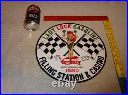 Vintage 1961 Lady Luck Woman Gasoline Station Casino 11 3/4 Porcelain Metal Sign