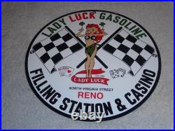 Vintage 1961 Lady Luck Woman Gasoline Station Casino 11 3/4 Porcelain Metal Sign
