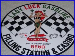 Vintage 1961 Lady Luck Woman Gasoline Station Casino 11 3/4 Porcelain Metal Sign