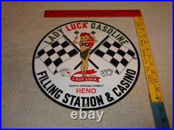 Vintage 1961 Lady Luck Woman Gasoline Station Casino 11 3/4 Porcelain Metal Sign