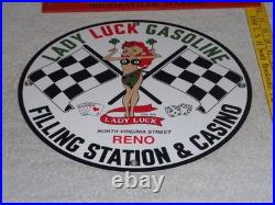 Vintage 1961 Lady Luck Woman Gasoline Station Casino 11 3/4 Porcelain Metal Sign