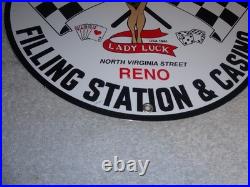 Vintage 1961 Lady Luck Woman Gasoline Station Casino 11 3/4 Porcelain Metal Sign