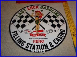 Vintage 1961 Lady Luck Woman Gasoline Station Casino 11 3/4 Porcelain Metal Sign