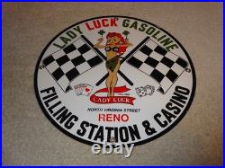 Vintage 1961 Lady Luck Woman Gasoline Station Casino 11 3/4 Porcelain Metal Sign