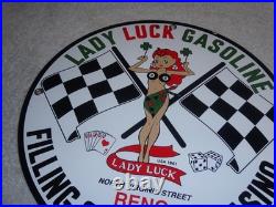 Vintage 1961 Lady Luck Woman Gasoline Station Casino 11 3/4 Porcelain Metal Sign