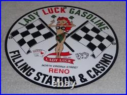 Vintage 1961 Lady Luck Woman Gasoline Station Casino 11 3/4 Porcelain Metal Sign