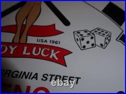 Vintage 1961 Lady Luck Woman Gasoline Station Casino 11 3/4 Porcelain Metal Sign
