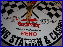 Vintage 1961 Lady Luck Woman Gasoline Station Casino 11 3/4 Porcelain Metal Sign