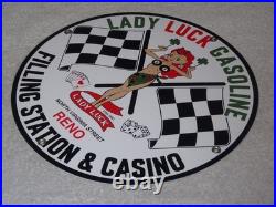 Vintage 1961 Lady Luck Woman Gasoline Station Casino 11 3/4 Porcelain Metal Sign