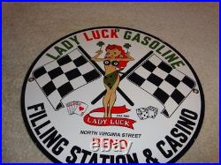 Vintage 1961 Lady Luck Woman Gasoline Station Casino 11 3/4 Porcelain Metal Sign