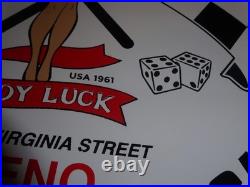 Vintage 1961 Lady Luck Woman Gasoline Station Casino 11 3/4 Porcelain Metal Sign
