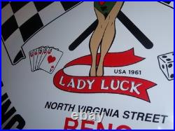Vintage 1961 Lady Luck Woman Gasoline Station Casino 11 3/4 Porcelain Metal Sign