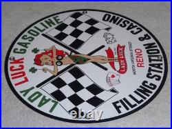 Vintage 1961 Lady Luck Woman Gasoline Station Casino 11 3/4 Porcelain Metal Sign