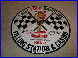 Vintage 1961 Lady Luck Woman Gasoline Station Casino 11 3/4 Porcelain Metal Sign