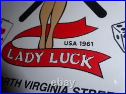 Vintage 1961 Lady Luck Woman Gasoline Station Casino 11 3/4 Porcelain Metal Sign