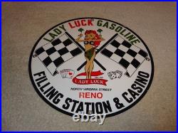 Vintage 1961 Lady Luck Woman Gasoline Station Casino 11 3/4 Porcelain Metal Sign