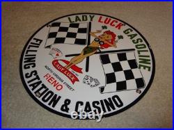 Vintage 1961 Lady Luck Woman Gasoline Station Casino 11 3/4 Porcelain Metal Sign
