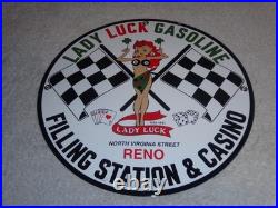 Vintage 1961 Lady Luck Woman Gasoline Station Casino 11 3/4 Porcelain Metal Sign