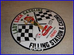 Vintage 1961 Lady Luck Woman Gasoline Station Casino 11 3/4 Porcelain Metal Sign