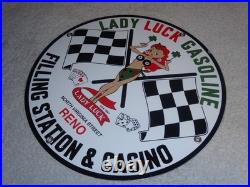 Vintage 1961 Lady Luck Woman Gasoline Station Casino 11 3/4 Porcelain Metal Sign