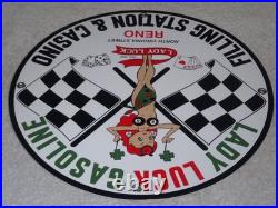 Vintage 1961 Lady Luck Woman Gasoline Station Casino 11 3/4 Porcelain Metal Sign