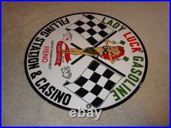 Vintage 1961 Lady Luck Woman Gasoline Station Casino 11 3/4 Porcelain Metal Sign